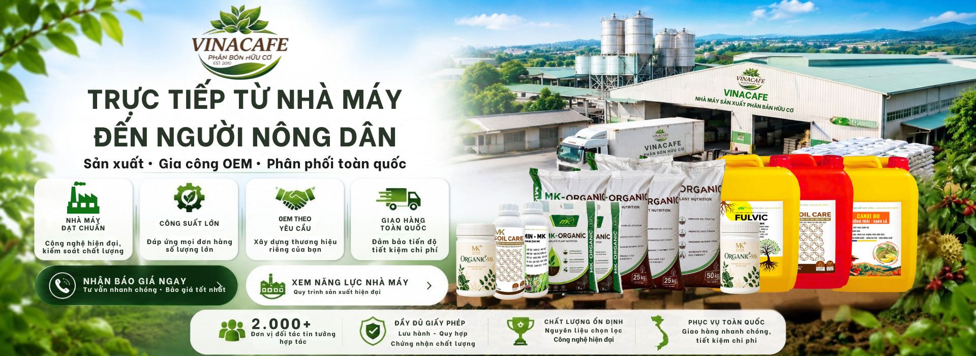 Phân bón hữu cơ Vinacafe: trực tiếp từ nhà máy đến người nông dân, sản xuất, gia công OEM và phân phối toàn quốc
